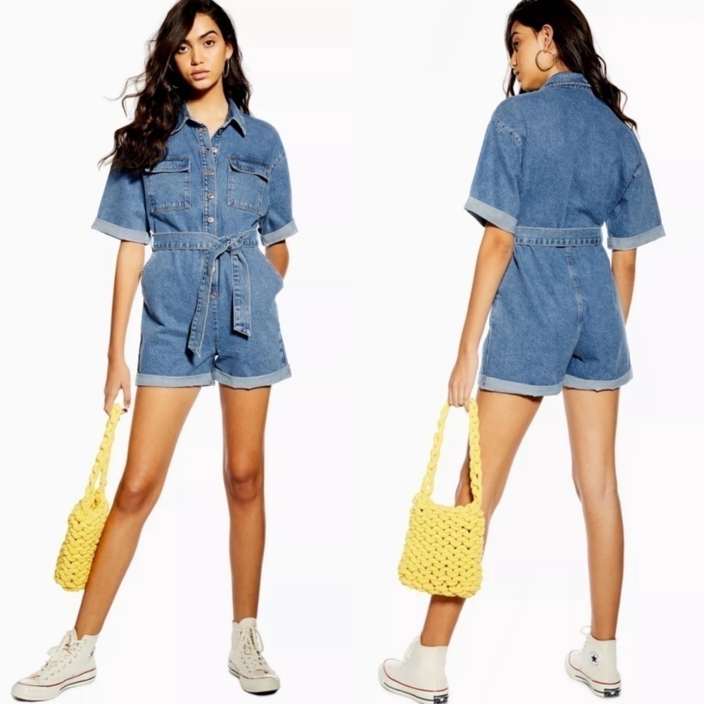 Topshop Short Sleeve Belted Cotton Denim Romper in Blue Size 4‎